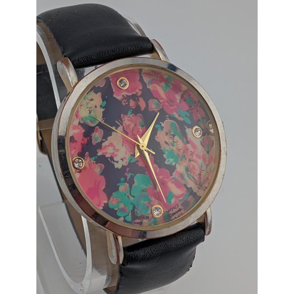 Charming‎ Charlie Watch Women Floral Dial Black Faux Leather Band- New Battery